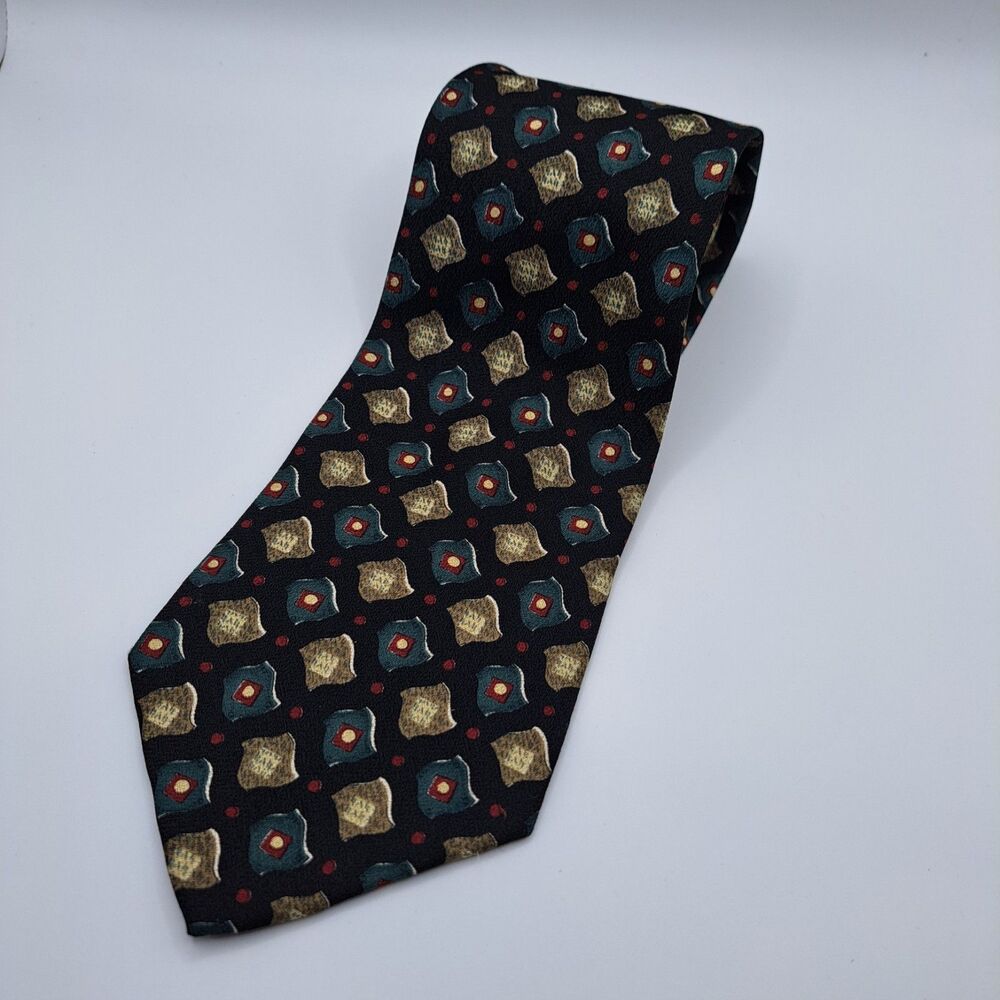 Vintage Chaps Ralph Lauren Tie Black Multicolor Geometric‎ 100% Silk USA